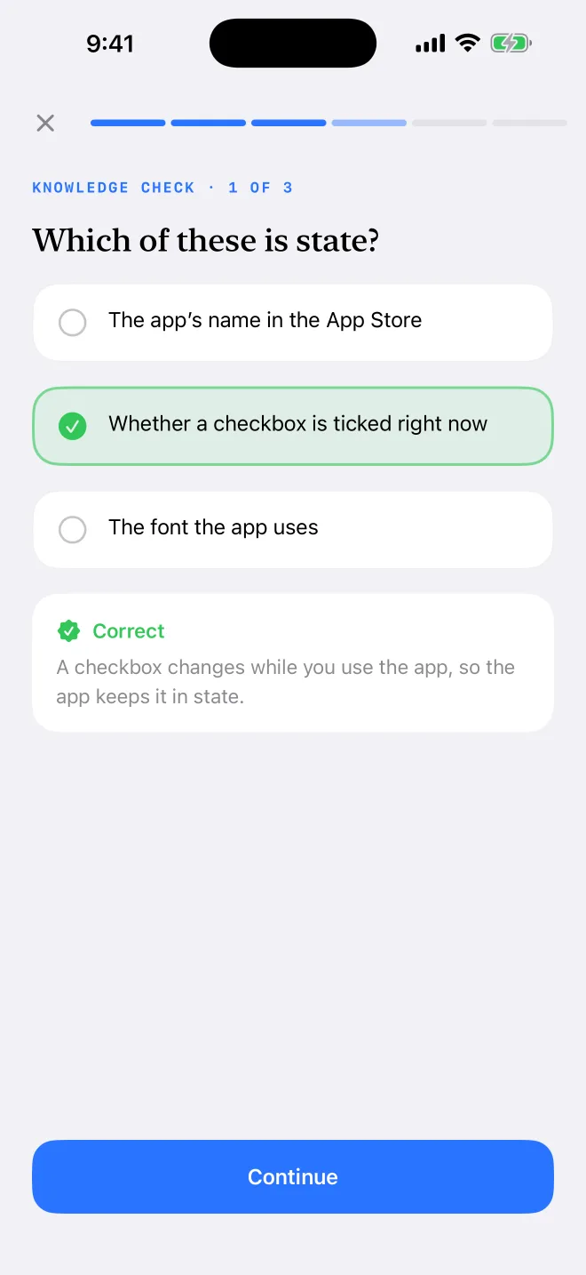 A knowledge check with its explanation
