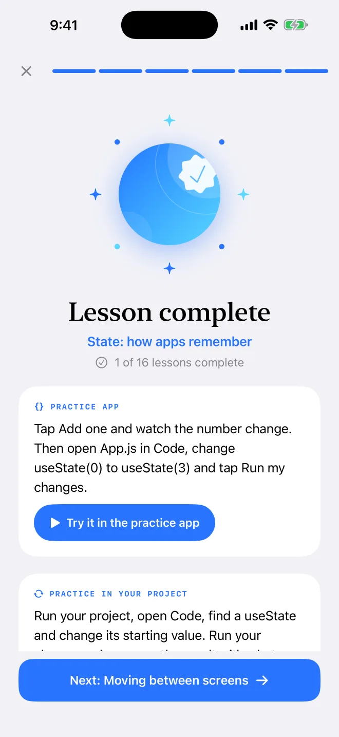 A finished lesson with its practice steps