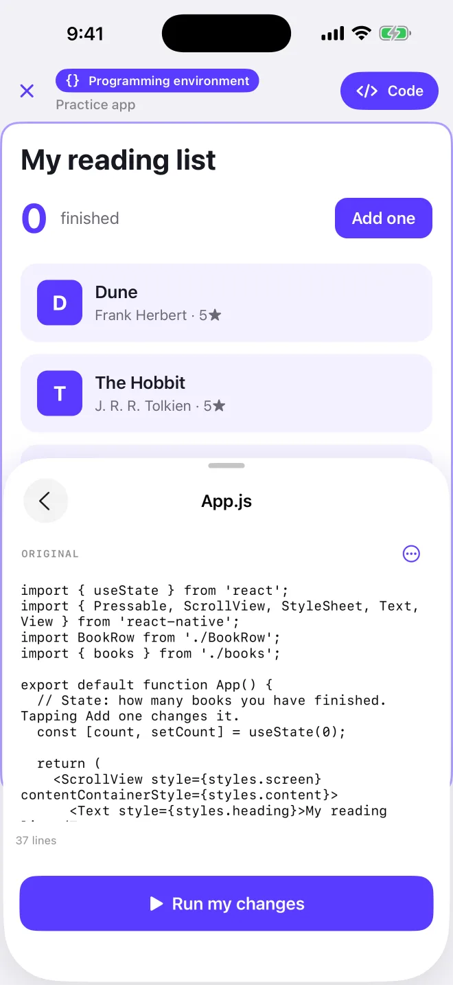 The practice app's App.js open in Code
